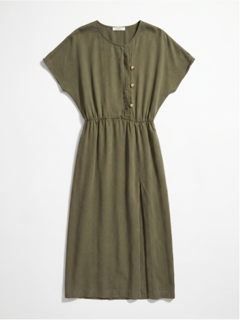ROMAN Khaki Green Tencel Maxi Dress Gold Button Detail Casual Minimalist, Sz 6